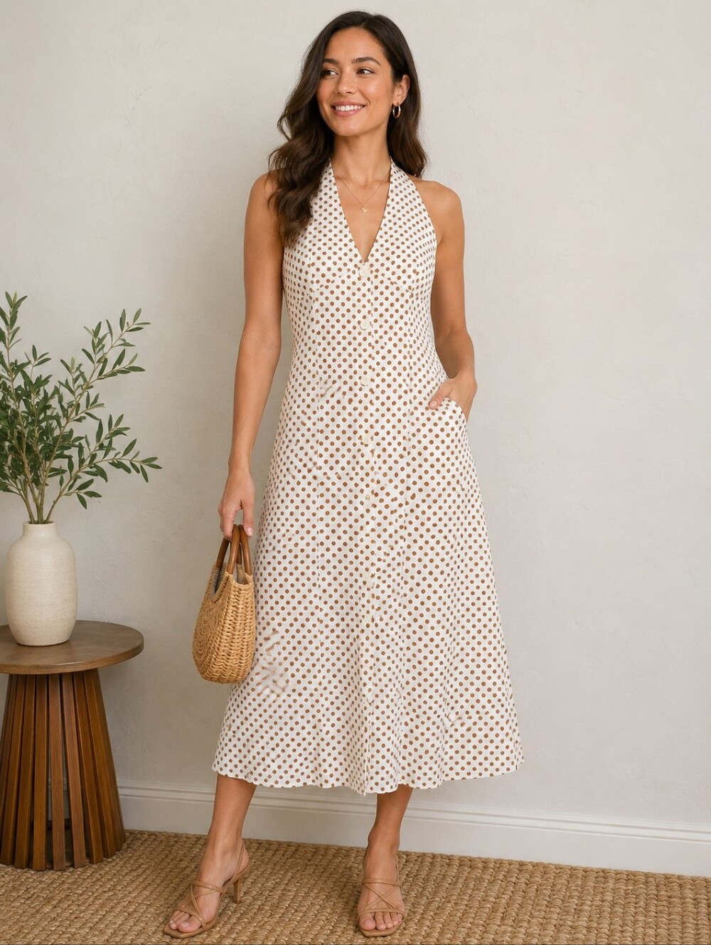 Zara Dress Women's Size Large Cream With Brown Polka-Dot Linen/Cotton Midi
